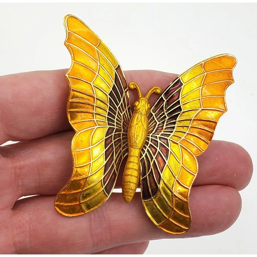 Vintage German Butterfly Brooch Gold Tone Orange‎ Yellow Purple